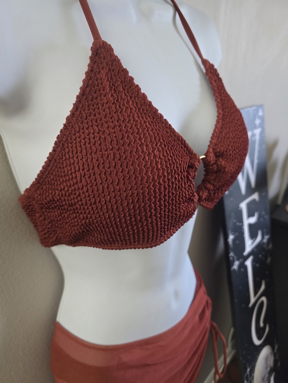 Rust Red Textured Halter Bikini Top with Ruched Skirt Set - Picture 3 of 8
